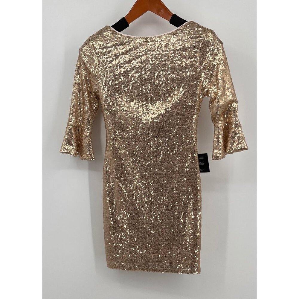 Lulu's Gold Sequin Mini Dress Size XS 3/4 Bell Sleeve V-Back Zip Party